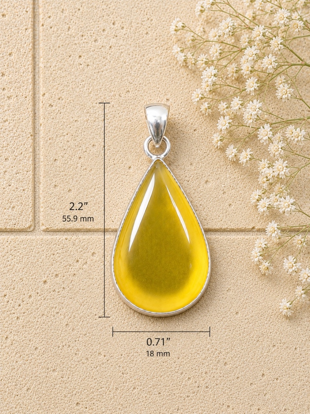 Natural Teardrop Yellow Onyx Gemstone 925 Sterling Silver 2.2” Pendant - Picture 4 of 6